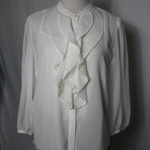 White House Black Market White Ruffled Chiffon Blouse Women's L